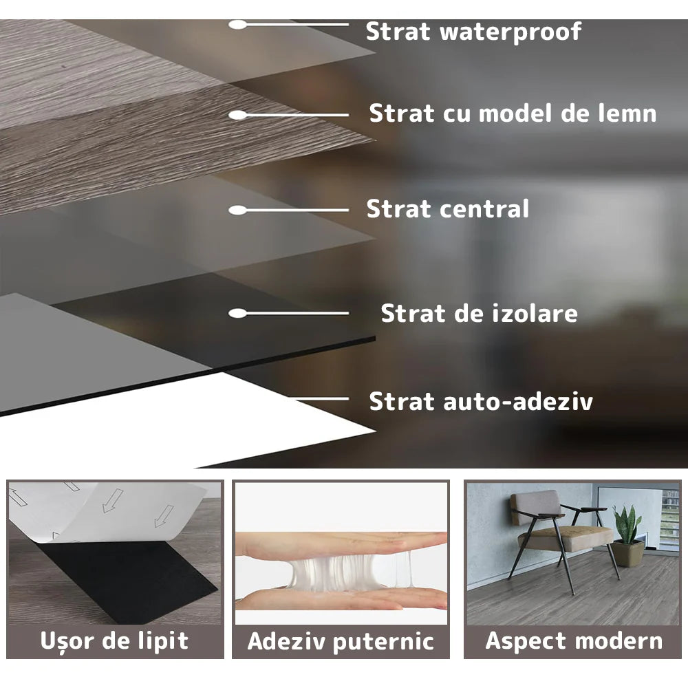 Set 36 Placi, De Pardoseala, AT PERFORMANCE®, durabil, autoadezive, PVC, 914.4mm x152.4mm, mm 5 m²/box, Gri melange